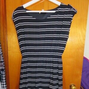 Ya Los Angeles Dress Navy Blue White Striped Short Sleeve Lined Mini Nautical